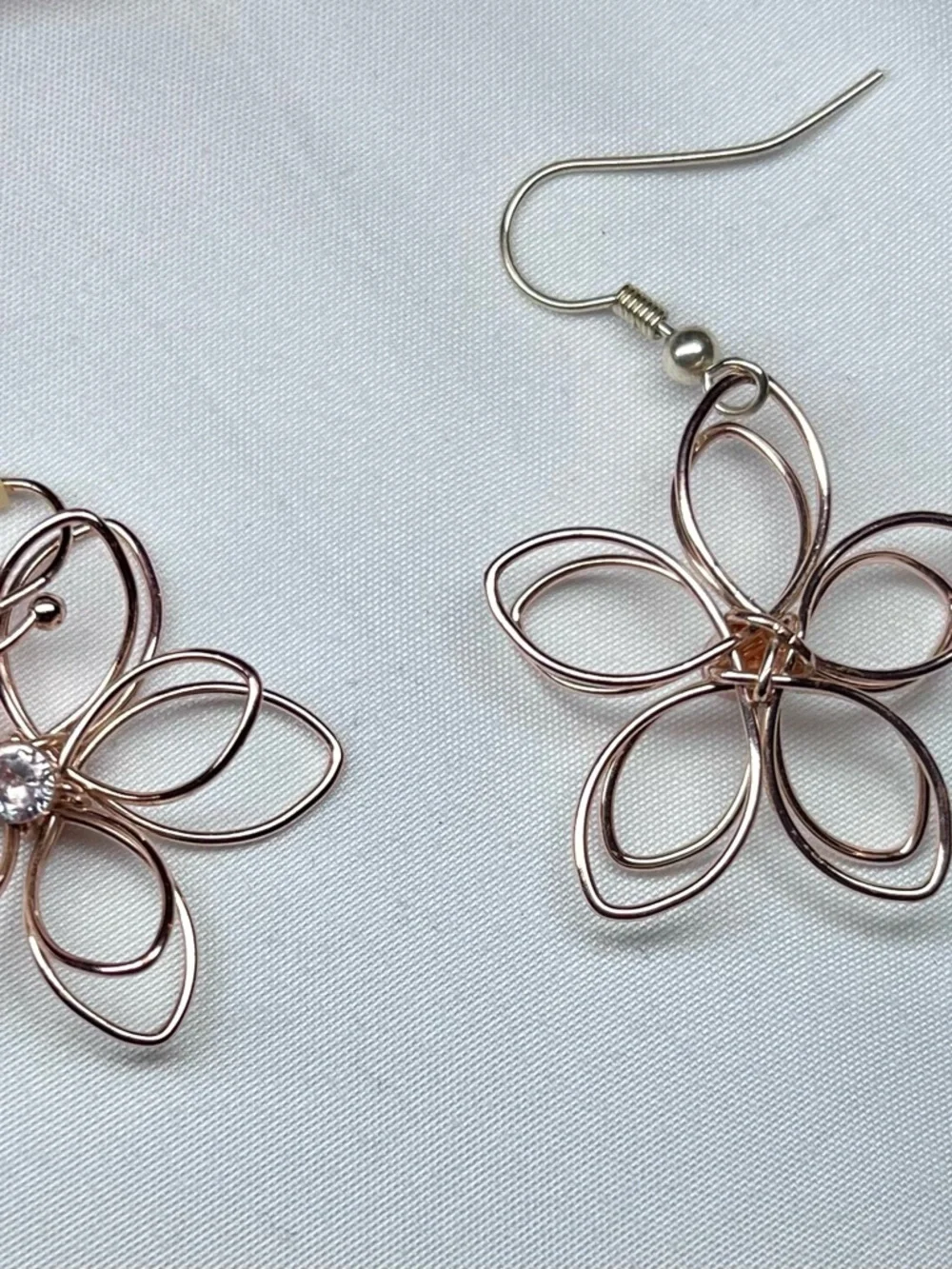 Rose Gold Flower Wire Loop Earrings with Clear Crystal - Picture 4 of 7